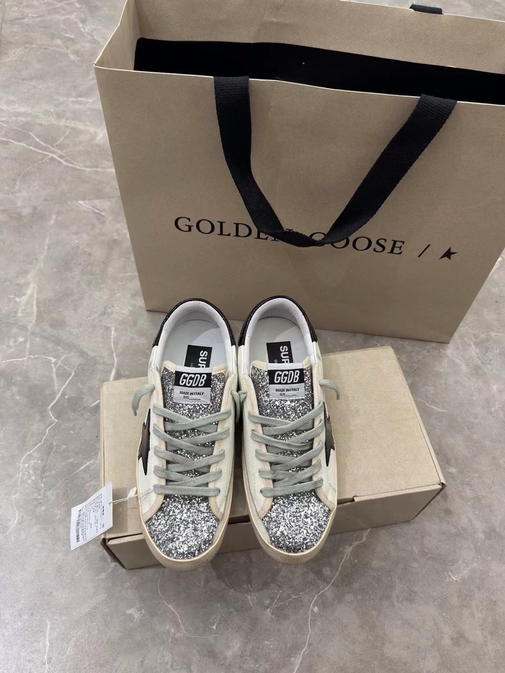 Golden Goose White Leather Sneakers with Black Star and Silver Glitter Toe - Picture 4 of 8